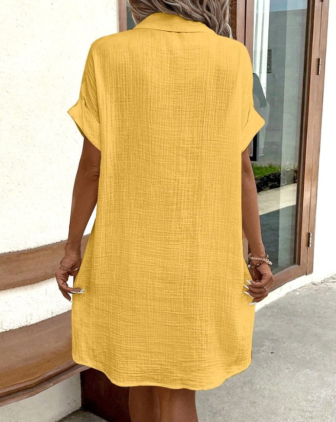 Summer Short Sleeve Shirt Dress Fashion Yellow