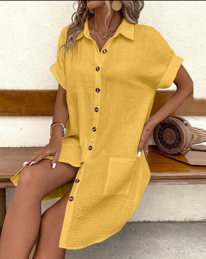 Summer Short Sleeve Shirt Dress Fashion Yellow