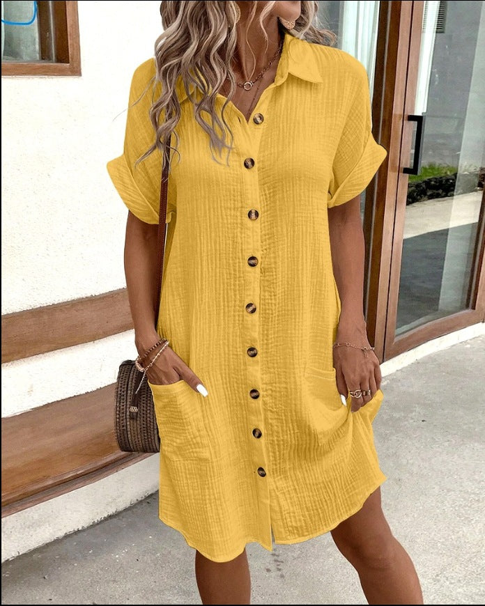 Summer Short Sleeve Shirt Dress Fashion Yellow